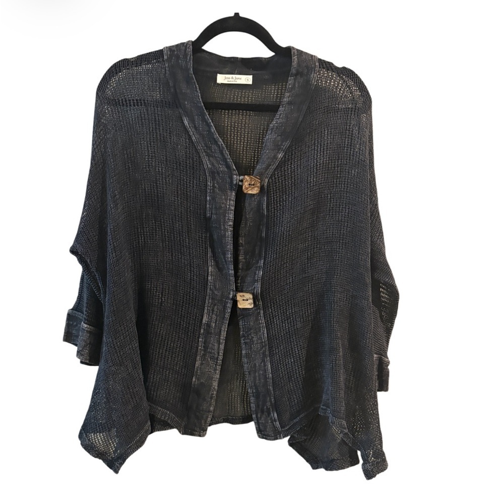 Jess & Jane Mineral Washed Mesh Cardigan Black Lagenlook Boho Oversized Small